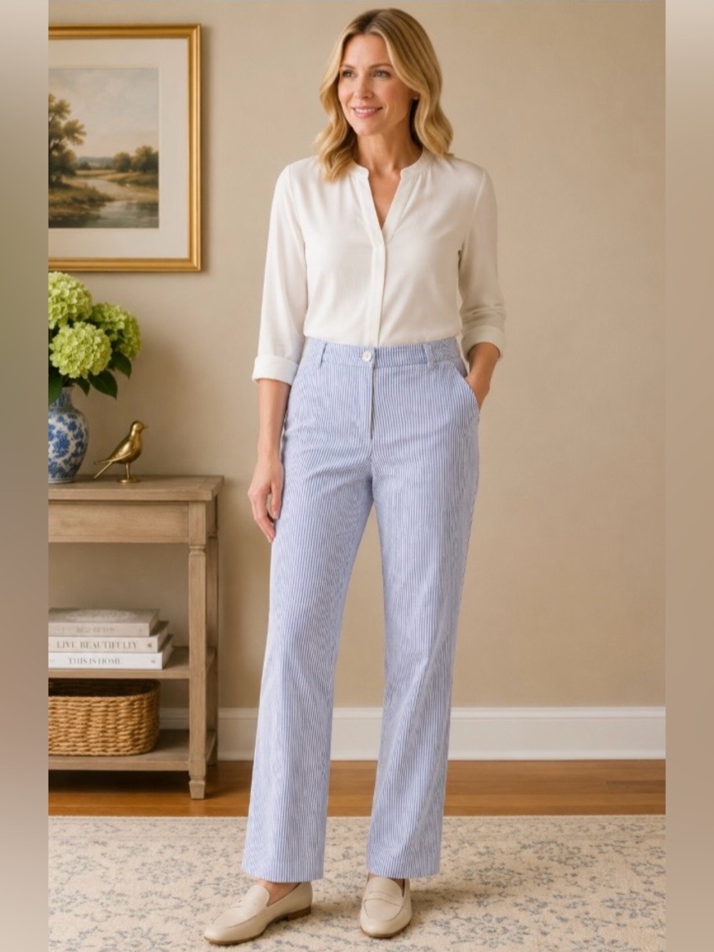 Anne Klein Womens Sz 10 Blue White Seersucker Stripe Pants Straight Leg Preppy